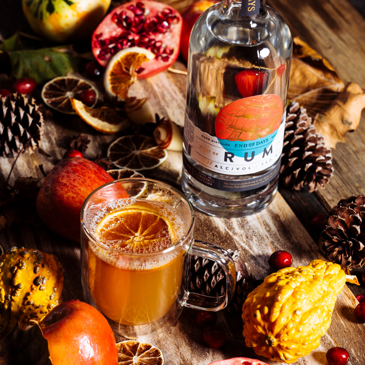 Port of Entry Rum hot toddy with fall spices, pomegranate, and pinecones